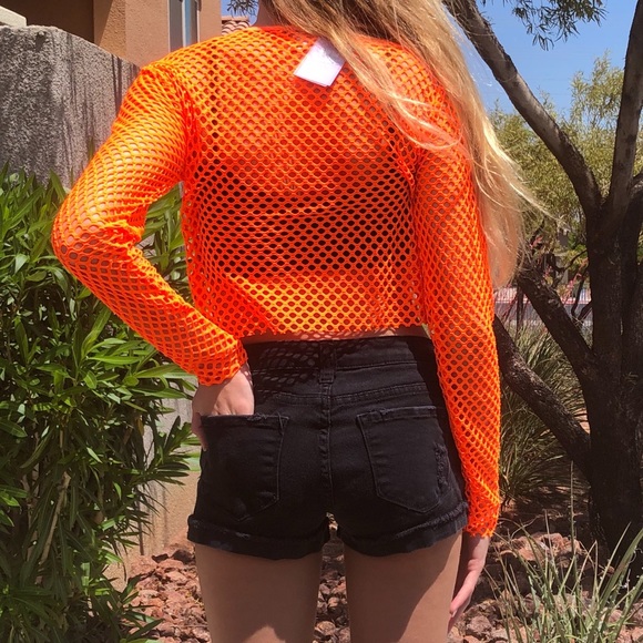 Forever 21 Neon Orange Fishnet Croptop Shirt - Picture 2 of 4